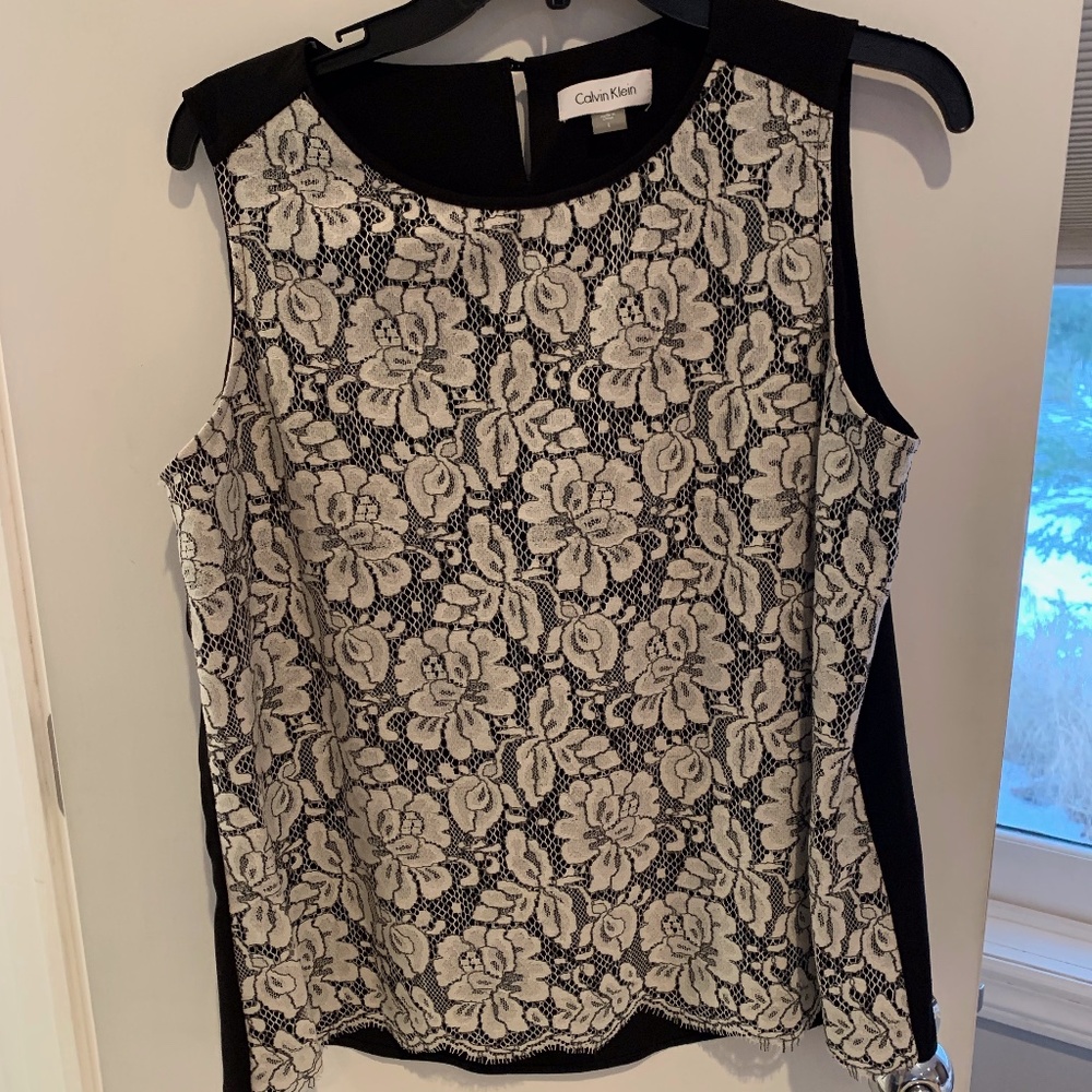 Calvin Klein Sleeveless Lace-Front Top Women's L